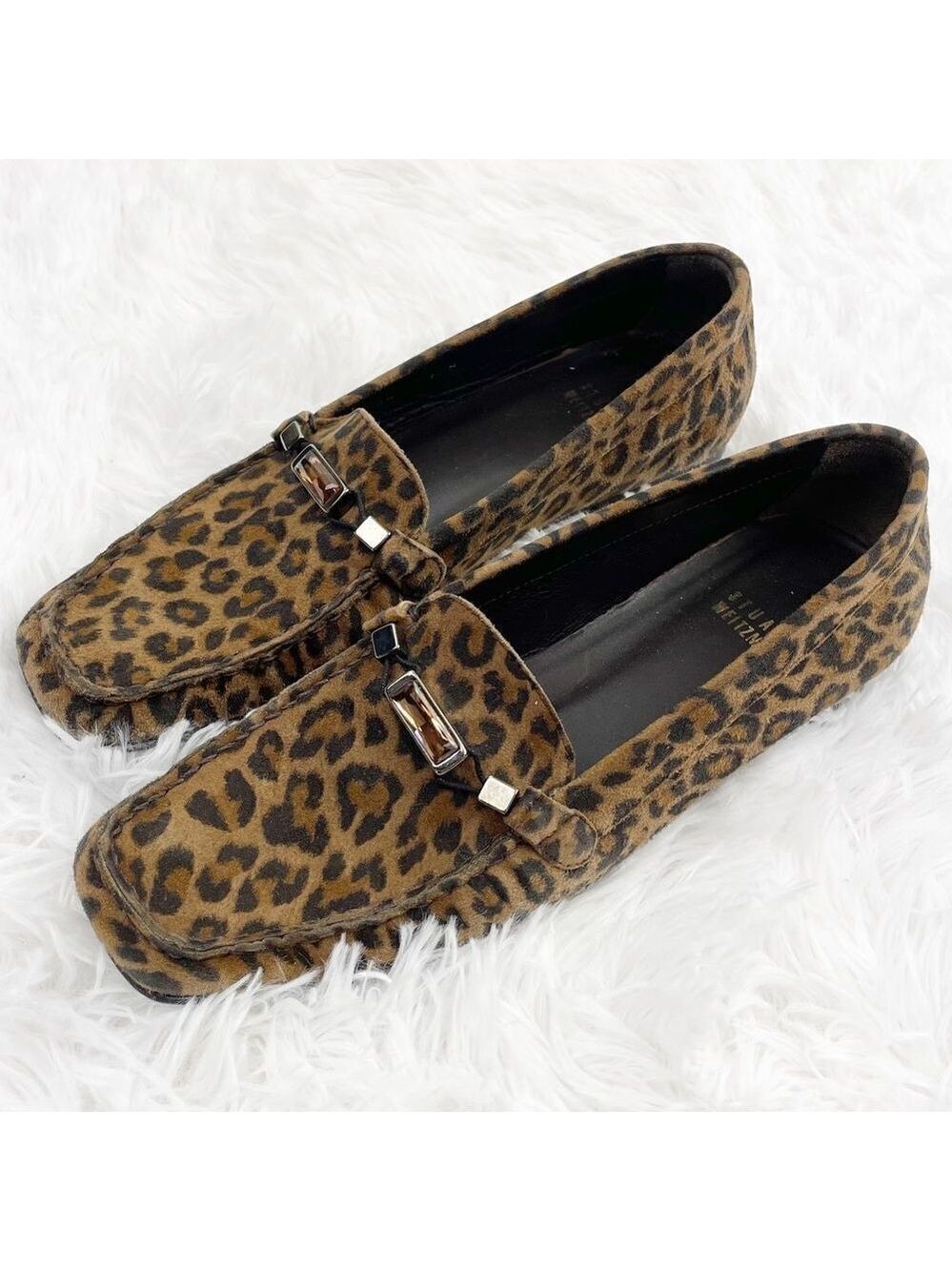 Stuart Weitzman Jeweled Leopard Print Suede Loafers